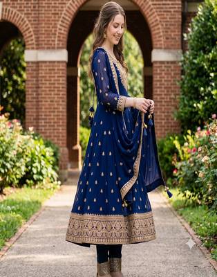 Women's navy blue embroidered  anarkali kurta set with pant and dupatta 2