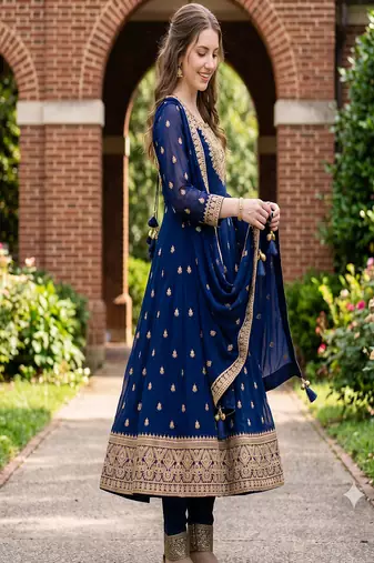 Women's navy blue embroidered  anarkali kurta set with pant and dupatta