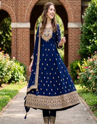 Women's navy blue embroidered  anarkali kurta set with pant and dupatta 3