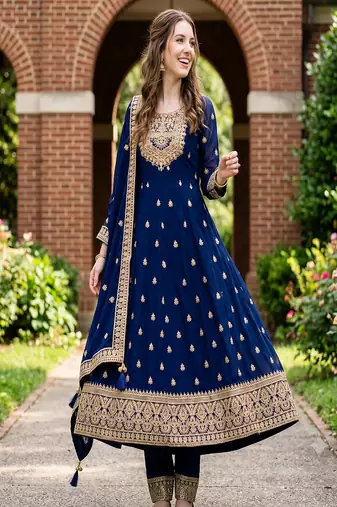 Women's navy blue embroidered  anarkali kurta set with pant and dupatta