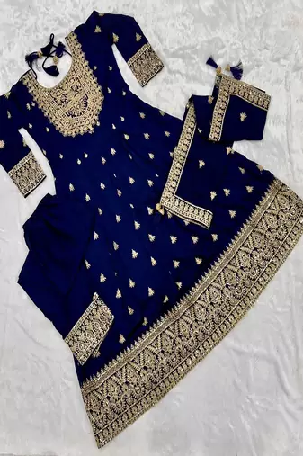 Women's navy blue embroidered  anarkali kurta set with pant and dupatta