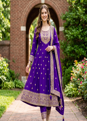 Women's purple embroidered  anarkali kurta set with pant and dupatta 1