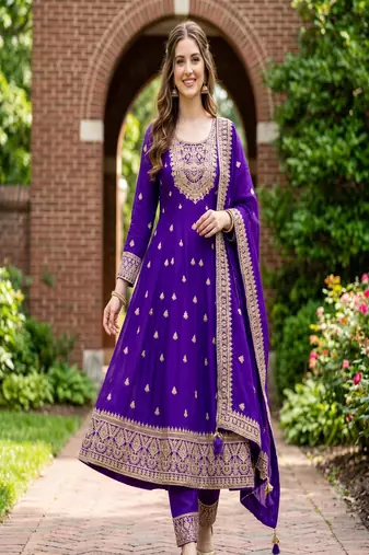 Women's purple embroidered  anarkali kurta set with pant and dupatta