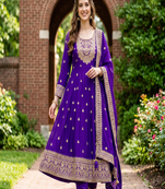 Women's purple embroidered  anarkali kurta set with pant and dupatta
