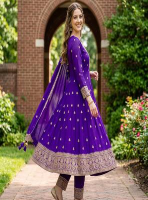 Women's purple embroidered  anarkali kurta set with pant and dupatta 2