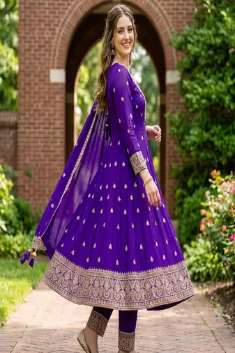 Women's purple embroidered  anarkali kurta set with pant and dupatta