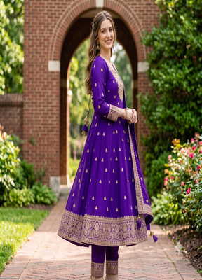 Women's purple embroidered  anarkali kurta set with pant and dupatta 3