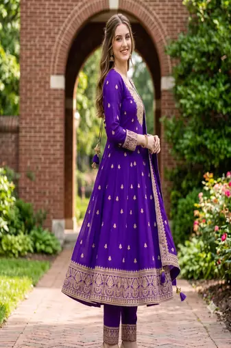 Women's purple embroidered  anarkali kurta set with pant and dupatta