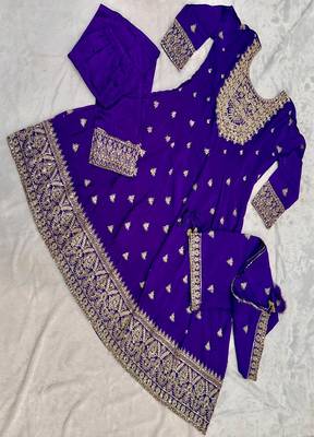 Women's purple embroidered  anarkali kurta set with pant and dupatta 4