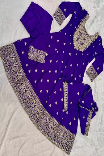 Women's purple embroidered  anarkali kurta set with pant and dupatta