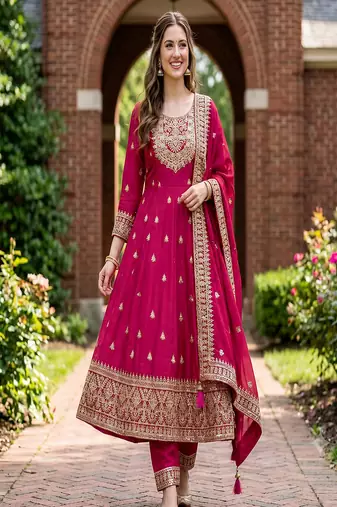 Women's rani pink embroidered  anarkali kurta set with pant and dupatta