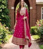 Women's rani pink embroidered  anarkali kurta set with pant and dupatta
