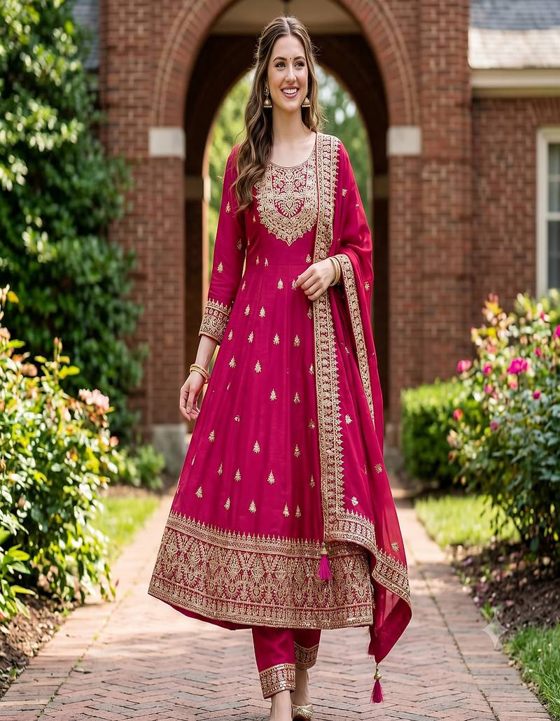 Women's rani pink embroidered  anarkali kurta set with pant and dupatta