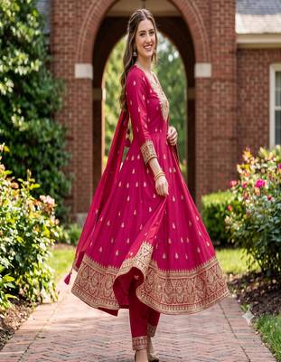 Women's rani pink embroidered  anarkali kurta set with pant and dupatta 2