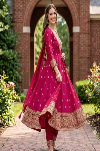 Women's rani pink embroidered  anarkali kurta set with pant and dupatta