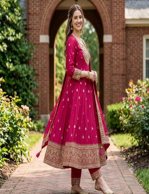 Women's rani pink embroidered  anarkali kurta set with pant and dupatta 3