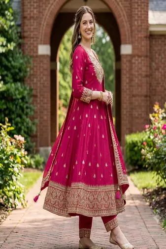 Women's rani pink embroidered  anarkali kurta set with pant and dupatta