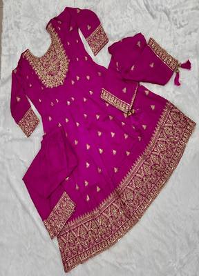 Women's rani pink embroidered  anarkali kurta set with pant and dupatta 4