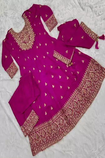 Women's rani pink embroidered  anarkali kurta set with pant and dupatta