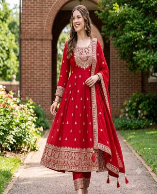 Women's red embroidered  anarkali kurta set with pant and dupatta 1