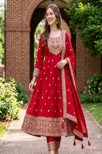 Women's red embroidered  anarkali kurta set with pant and dupatta