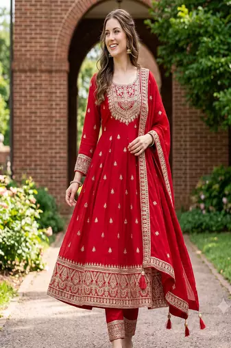 Women's red embroidered  anarkali kurta set with pant and dupatta