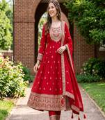 Women's red embroidered  anarkali kurta set with pant and dupatta