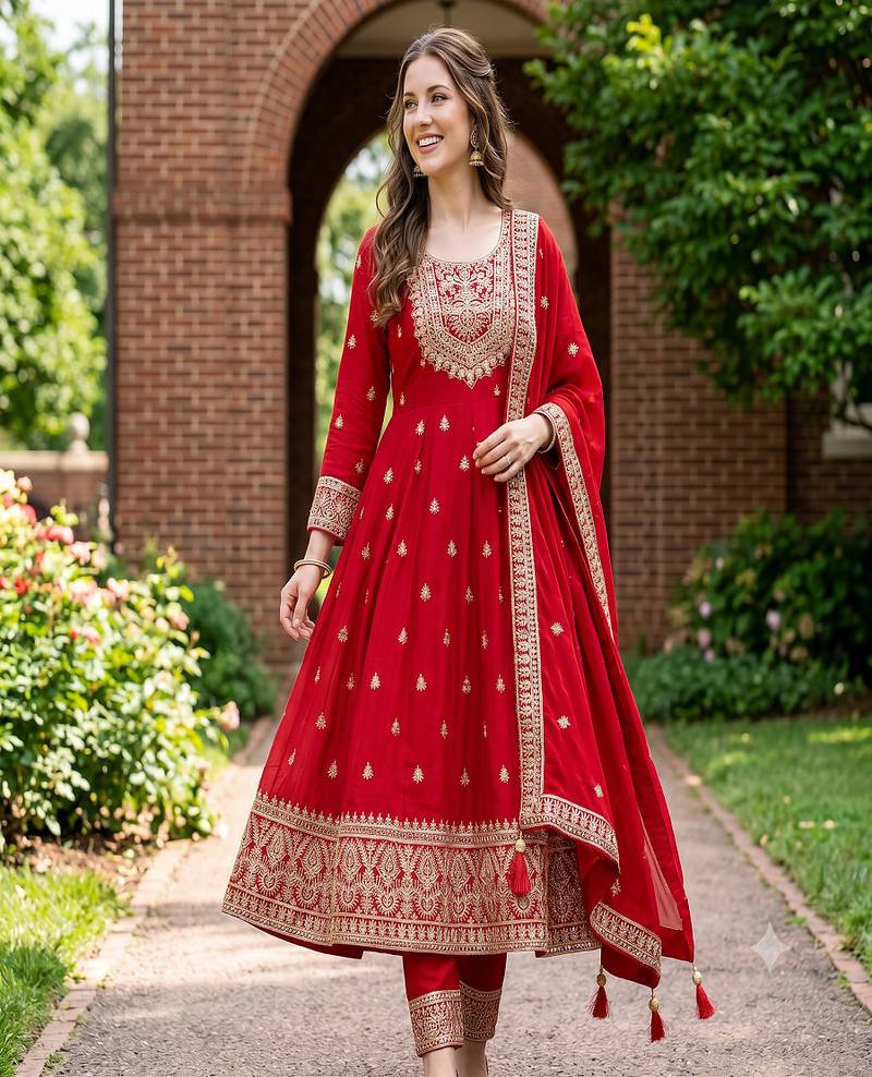 Women's red embroidered  anarkali kurta set with pant and dupatta
