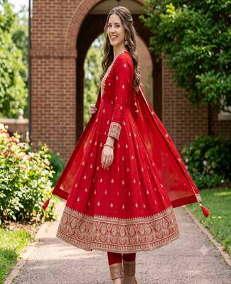 Women's red embroidered  anarkali kurta set with pant and dupatta 2