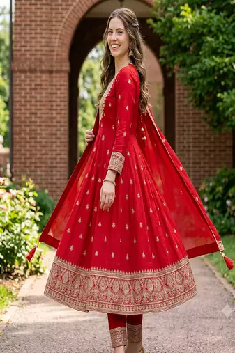 Women's red embroidered  anarkali kurta set with pant and dupatta