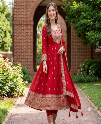 Women's red embroidered  anarkali kurta set with pant and dupatta 3