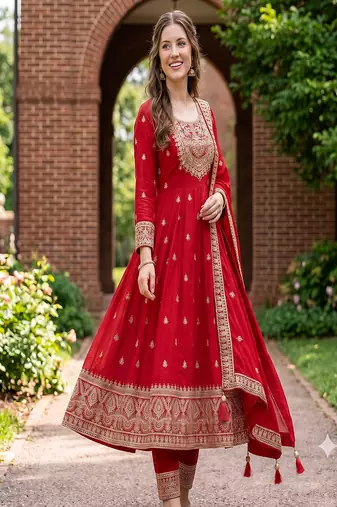 Women's red embroidered  anarkali kurta set with pant and dupatta