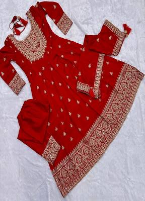 Women's red embroidered  anarkali kurta set with pant and dupatta 4