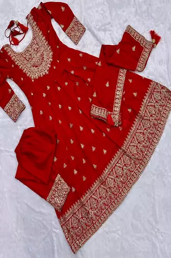Women's red embroidered  anarkali kurta set with pant and dupatta