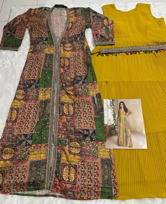 yellow printed faux georgette anarkali salwar suit - free size 4