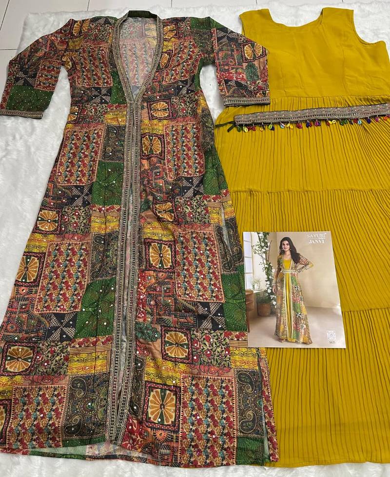 yellow printed faux georgette anarkali salwar suit - free size