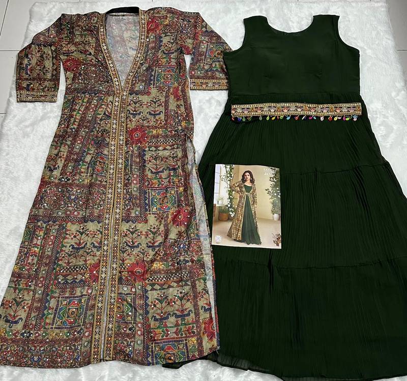 dark green printed faux georgette anarkali salwar suit - free size