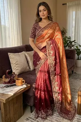 Orange Maroon Shaded Color In Sequence Embroidery Chiffon Saree Work