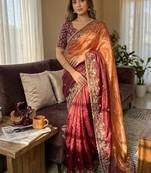 Orange Maroon Shaded Color In Sequence Embroidery Chiffon Saree Work