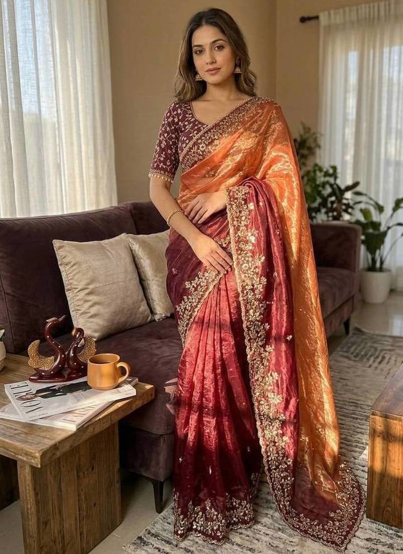 Orange Maroon Shaded Color In Sequence Embroidery Chiffon Saree Work