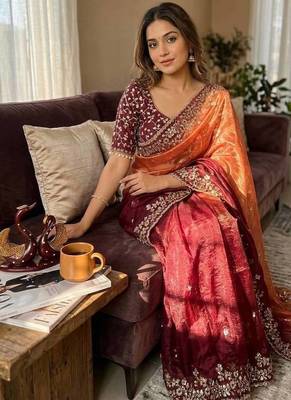 Orange Maroon Shaded Color In Sequence Embroidery Chiffon Saree Work 2