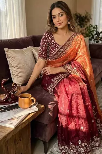 Orange Maroon Shaded Color In Sequence Embroidery Chiffon Saree Work