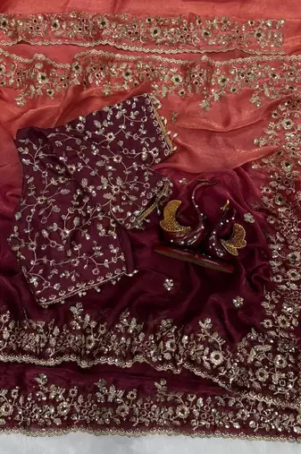 Orange Maroon Shaded Color In Sequence Embroidery Chiffon Saree Work