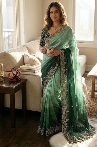 Emerald Green Bottle Green Shaded Color In Sequence Embroidery Chiffon Saree Work