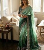 Emerald Green Bottle Green Shaded Color In Sequence Embroidery Chiffon Saree Work