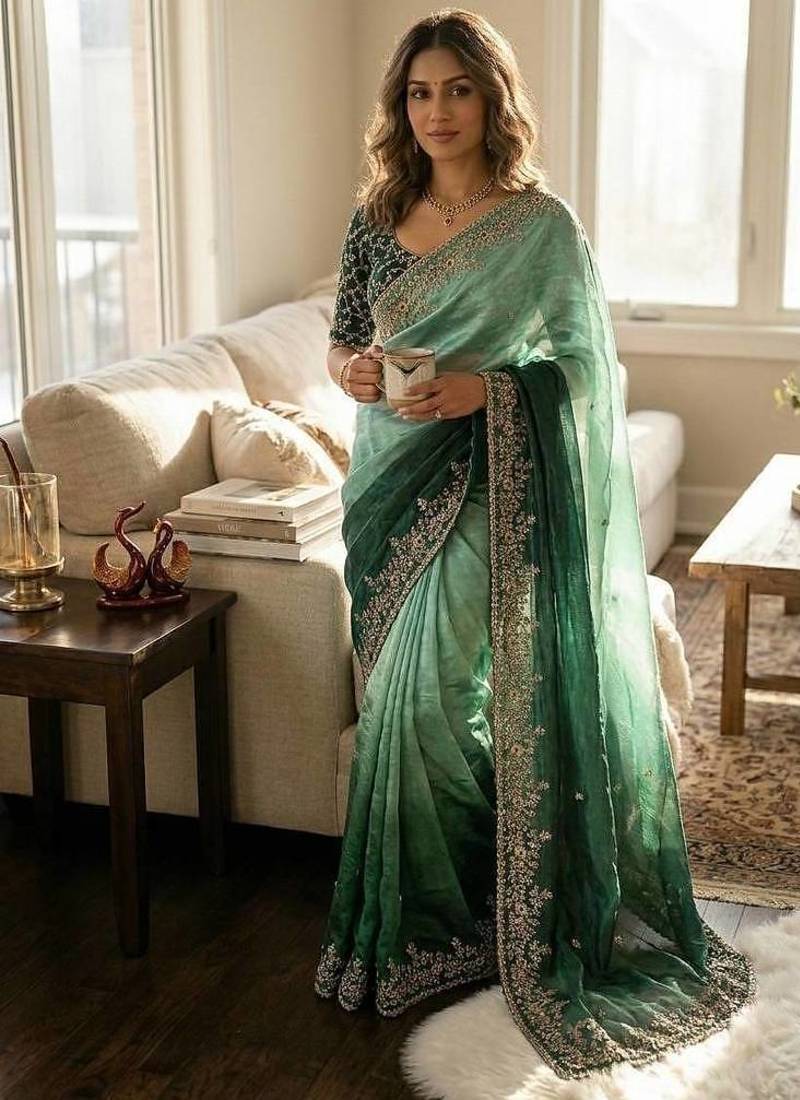 Emerald Green Bottle Green Shaded Color In Sequence Embroidery Chiffon Saree Work