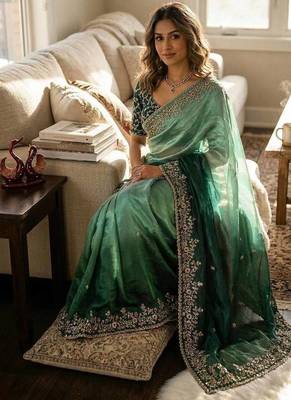 Emerald Green Bottle Green Shaded Color In Sequence Embroidery Chiffon Saree Work 2