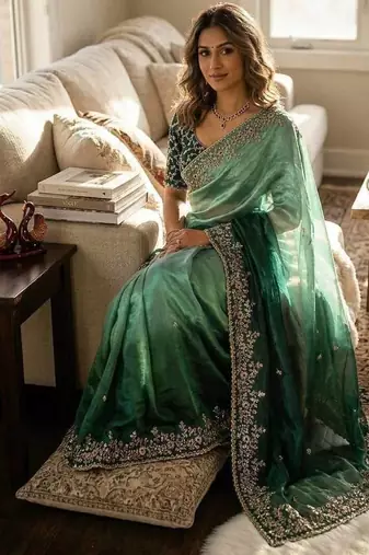 Emerald Green Bottle Green Shaded Color In Sequence Embroidery Chiffon Saree Work