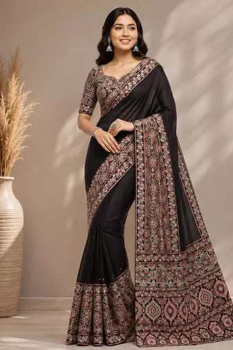 Dark Brown Color Ajarakh Print With Mirror Work And Beautiful Tussle Crepe Silk Saree