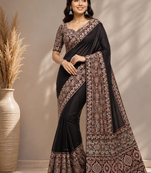 Dark Brown Color Ajarakh Print With Mirror Work And Beautiful Tussle Crepe Silk Saree